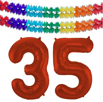 Folat Grote folie ballonnen cijfer 35 in het rood 86 cm en 2 feestslingers