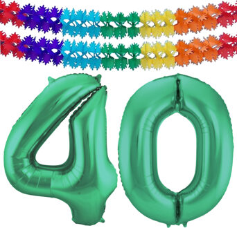 Folat Grote folie ballonnen cijfer 40 in het glimmend groen 86 cm en 2x feestslingers