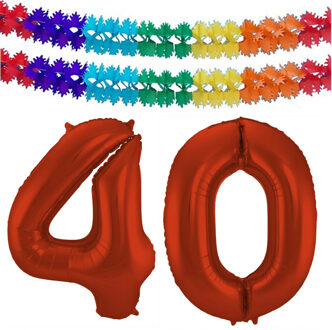 Folat Grote folie ballonnen cijfer 40 in het rood 86 cm en 2x feestslingers