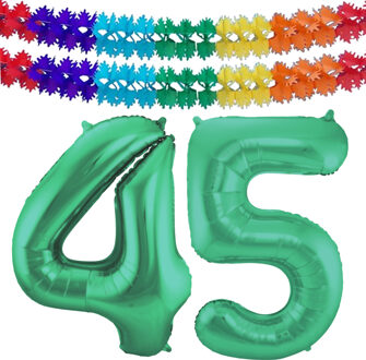 Folat Grote folie ballonnen cijfer 45 in het glimmend groen 86 cm en 2x feestslingers