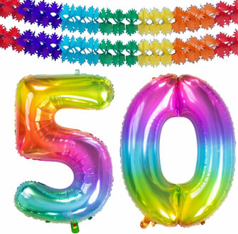 Folat Grote folie ballonnen cijfer 50 in het glimmend multi-kleuren 86 cm en 2x feestslingers