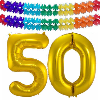 Folat Grote folie ballonnen cijfer 50 in het goud 86 cm en 2x feestslingers