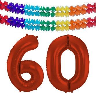 Folat Grote folie ballonnen cijfer 60 in het rood 86 cm en 2x feestslingers