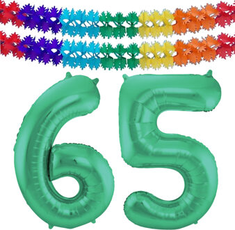Folat Grote folie ballonnen cijfer 65 in het glimmend groen 86 cm en 2x feestslingers