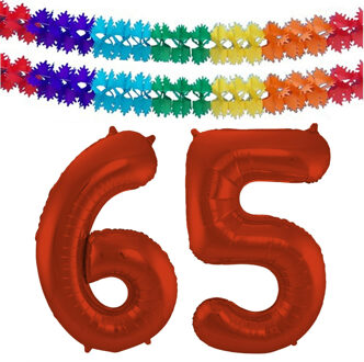Folat Grote folie ballonnen cijfer 65 in het rood 86 cm en 2x feestslingers