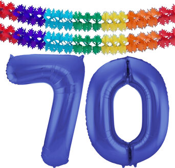 Folat Grote folie ballonnen cijfer 70 in het blauw 86 cm en 2x feestslingers