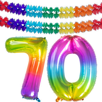 Folat Grote folie ballonnen cijfer 70 in het glimmend multi-kleuren 86 cm en 2x feestslingers