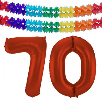 Folat Grote folie ballonnen cijfer 70 in het rood 86 cm en 2x feestslingers