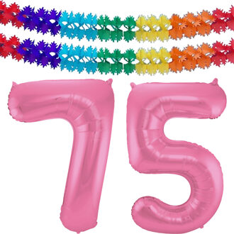 Folat Grote folie ballonnen cijfer 75 in het glimmend roze 86 cm en 2x feestslingers