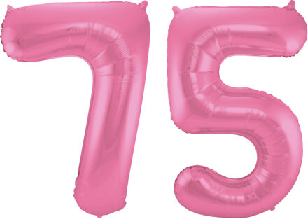 Folat Grote folie ballonnen cijfer 75 in het glimmend roze 86 cm