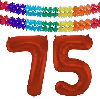 Folat Grote folie ballonnen cijfer 75 in het rood 86 cm en 2x feestslingers