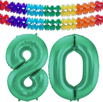 Folat Grote folie ballonnen cijfer 80 in het glimmend groen 86 cm en 2x feestslingers