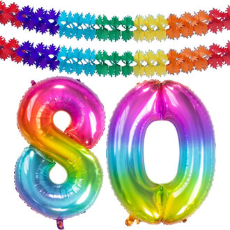 Folat Grote folie ballonnen cijfer 80 in het glimmend multi-kleuren 86 cm en 2x feestslingers