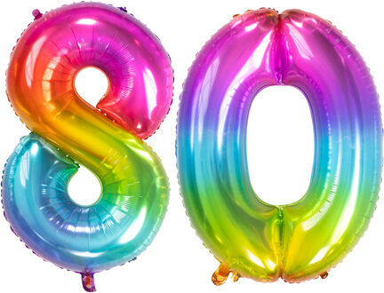 Folat Grote folie ballonnen cijfer 80 in het glimmend multi-kleuren 86 cm
