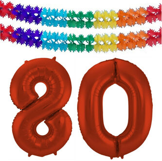 Folat Grote folie ballonnen cijfer 80 in het rood 86 cm en 2x feestslingers