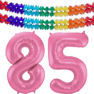 Folat Grote folie ballonnen cijfer 85 in het glimmend roze 86 cm en 2x feestslingers