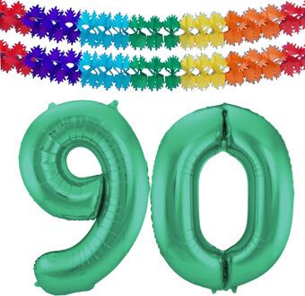 Folat Grote folie ballonnen cijfer 90 in het glimmend groen 86 cm en 2x feestslingers