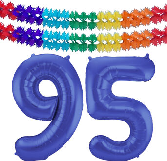 Folat Grote folie ballonnen cijfer 95 in het blauw 86 cm en 2x feestslingers