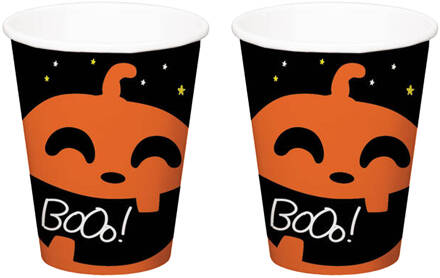 Folat Halloween thema feest beker - 12x - pompoen BoOo! print - papier - 250 ml - Feestbekertjes Zwart