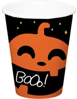 Folat Halloween thema feest beker - 6x - pompoen print - papier - 250 ml Zwart