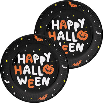 Folat Halloween thema feest bord - 12x - pompoen print - papier - D23 cm - Feestbordjes Zwart