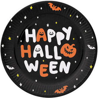 Folat Halloween thema feest bord - 6x - pompoen print - papier - D23 cm - Feestbordjes Zwart