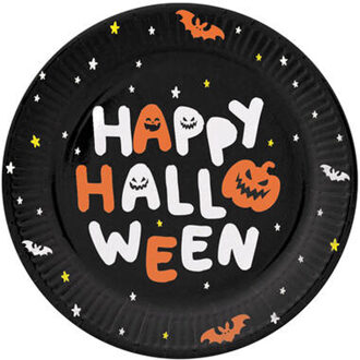 Folat Halloween thema feest bord - 6x - pompoen print - papier - D23 cm Zwart