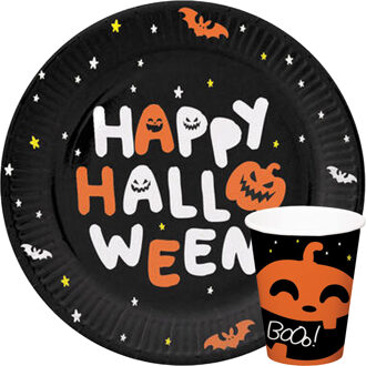 Folat Halloween thema feest servies bord en beker - 24x - pompoen BoOo! print - papier