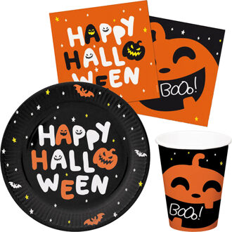 Folat Halloween thema feest set bord/beker/servetten - 44x - pompoen BoOo print - papier