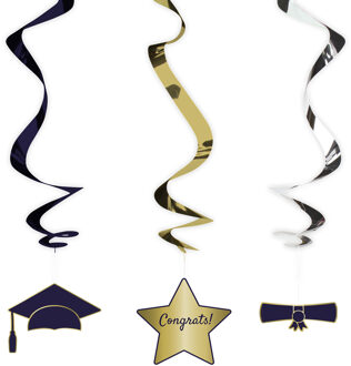 Folat Hangdecoratie swirls geslaagd thema - 3x - zwart/goud - papier - 60 cm - examenfeest versiering