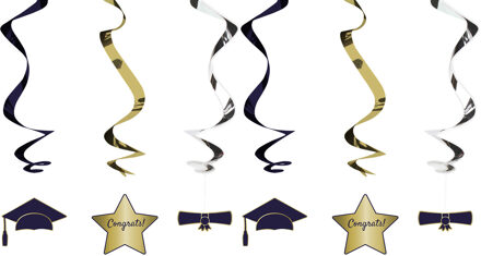 Folat Hangdecoratie swirls geslaagd thema - 9x - zwart/goud - papier - 60 cm - examenfeest versiering