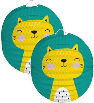 Folat Lampion kat/poes - 2x - 22 cm - blauw - papier