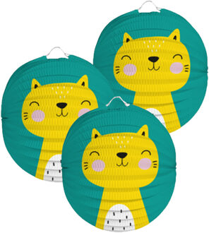 Folat Lampion kat/poes - 3x - 22 cm - blauw - papier
