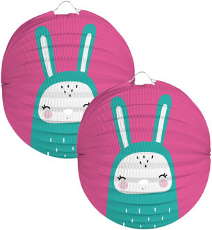 Folat Lampion konijn - 2x - 22 cm - roze - papier