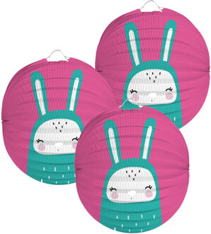 Folat Lampion konijn - 3x - 22 cm - roze - papier