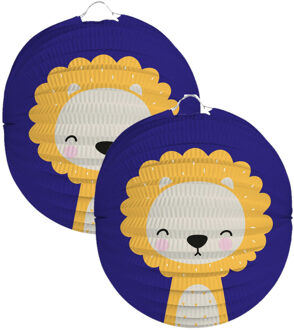 Folat Lampion leeuw - 2x - 22 cm - blauw - papier