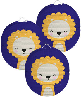 Folat Lampion leeuw - 3x - 22 cm - blauw - papier
