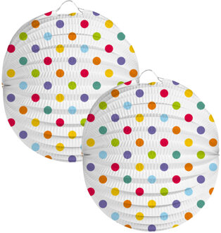 Folat Lampion stippen - 2x - 22 cm - wit/regenboog kleuren - papier