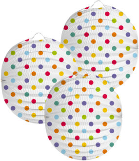 Folat Lampion stippen - 3x - 22 cm - wit/regenboog kleuren - papier