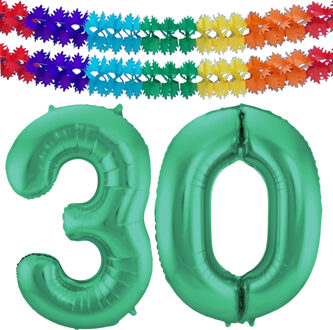 Folat Leeftijd feestartikelen/versiering grote folie ballonnen 30 jaar glimmend groen 86 cm + slingers - Ballonnen