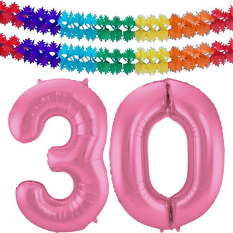 Folat Leeftijd feestartikelen/versiering grote folie ballonnen 30 jaar glimmend roze 86 cm + slingers - Ballonnen