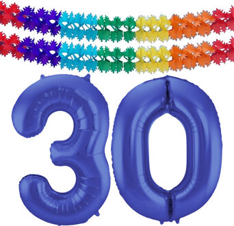 Folat Leeftijd feestartikelen/versiering grote folie ballonnen 30 jaar paars 86 cm + slingers - Ballonnen Blauw