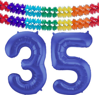 Folat Leeftijd feestartikelen/versiering grote folie ballonnen 35 jaar paars 86 cm + slingers - Ballonnen Blauw