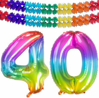 Folat Leeftijd feestartikelen/versiering grote folie ballonnen 40 jaar glimmend multi-kleuren 86 cm + slingers - Ballonnen Multikleur