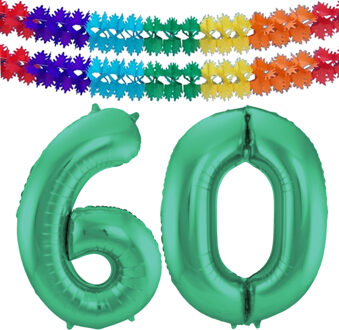 Folat Leeftijd feestartikelen/versiering grote folie ballonnen 60 jaar glimmend groen 86 cm + slingers - Ballonnen