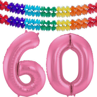 Folat Leeftijd feestartikelen/versiering grote folie ballonnen 60 jaar glimmend roze 86 cm + slingers - Ballonnen