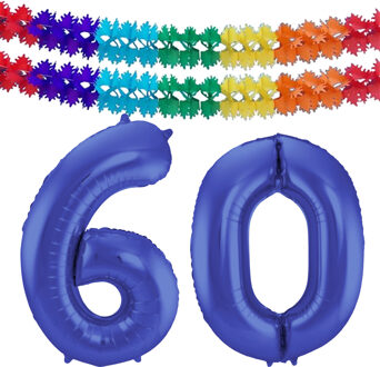 Folat Leeftijd feestartikelen/versiering grote folie ballonnen 60 jaar paars 86 cm + slingers - Ballonnen Blauw