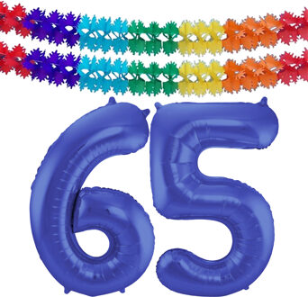 Folat Leeftijd feestartikelen/versiering grote folie ballonnen 65 jaar paars 86 cm + slingers - Ballonnen Blauw