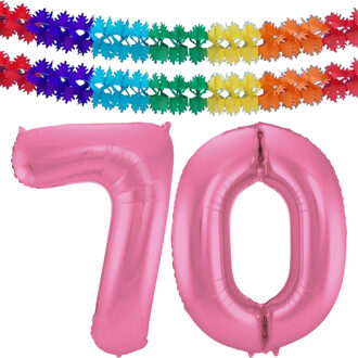 Folat Leeftijd feestartikelen/versiering grote folie ballonnen 70 jaar glimmend roze 86 cm + slingers - Ballonnen