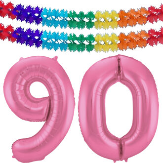 Folat Leeftijd feestartikelen/versiering grote folie ballonnen 90 jaar glimmend roze 86 cm + slingers - Ballonnen